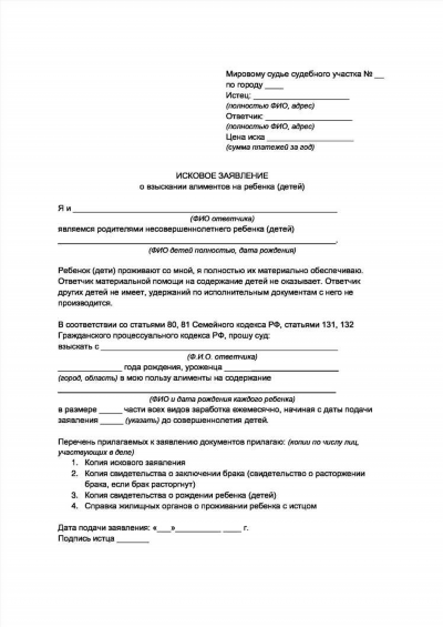 Исковое заявление на взыскание алиментов на ребенка: образец иска, заявление